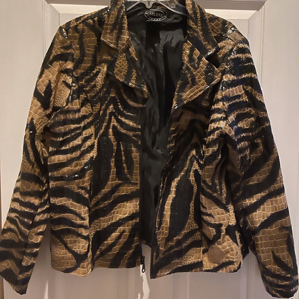 Selene Sport Tiger Stripe Print Blazer Faux Snakeskin Texture Jacket Lined Sz 12